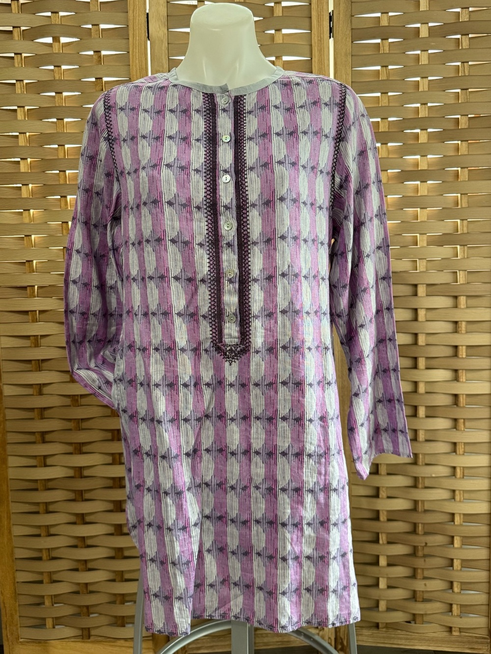 SIGRID OLSEN STUDIO Linen Blend Embroidered Tunic Dress Mother Of Pearl Buttons